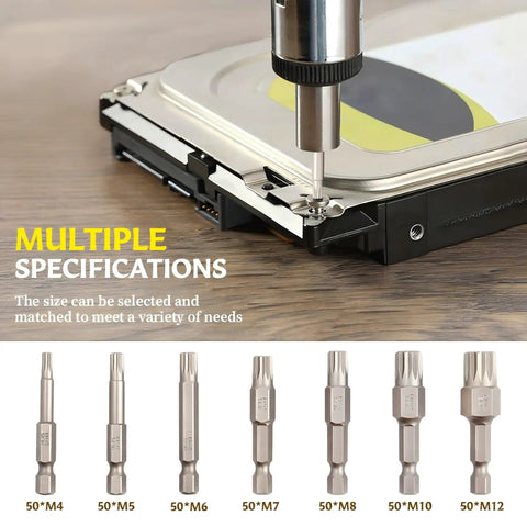 Top Notch 7 Piece Triple Square Spline Bit Set With 1/4 Inch Hex Shank And 12 Point Magnetic Torx Head for various fasteners.