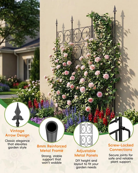 Heavy Duty Metal Garden Trellis For Outdoor Climbing Plants 60 Inch Tall 33 Inch Wide Built To Last Plant Support Privacy Screen Wall Mount For Roses Clematis And Other Vines featured as a garden privacy screen with climbing roses.