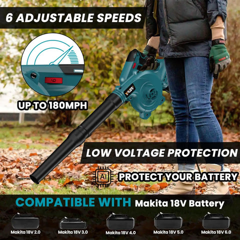 Person using 18V Cordless Leaf Blower With Brushless Motor, 6 Variable Speeds Up To 180 MPH, 2-In-1 Blower And Vacuum