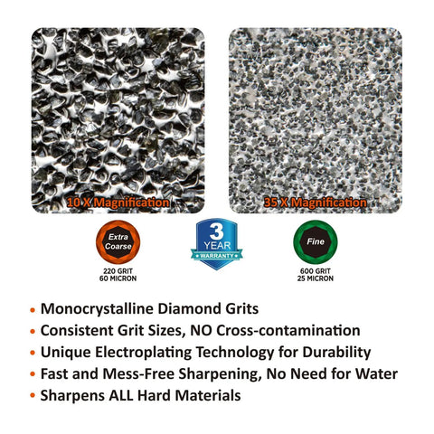 Magnified view of dual grit diamond sharpening stone showing 220 grit coarse and 600 grit fine surfaces with highlights on durability.