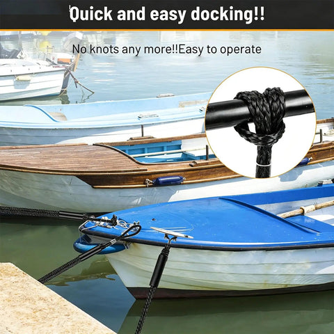 Dock Line For Shore Docking With Bungee Mooring Rope Double Loop Ends For Kayak And Dinghy 6 Ft in use on a blue boat