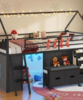 Twin Size Low Loft Bed With Built-In Bookshelf And Reading Nook, LED Night Light, Three Drawers, Under-Bed Play Space, Black Finish