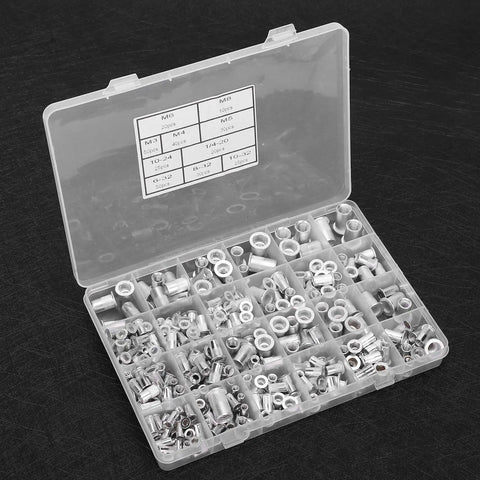 Aluminum Rivet Nut Assortment Kit, 300 Pieces, Threaded Inserts for Metal Plates and Tubes, open case showing assorted sizes