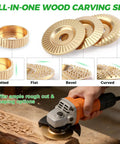 Pro Grade Five Piece Wood Carving Disc Set For 4 And 4.5 Inch Angle Grinders With 7/8 To 5/8 Inch Arbor includes shaping discs
