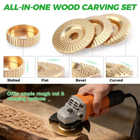 Pro Grade Five Piece Wood Carving Disc Set For 4 And 4.5 Inch Angle Grinders With 7/8 To 5/8 Inch Arbor includes shaping discs