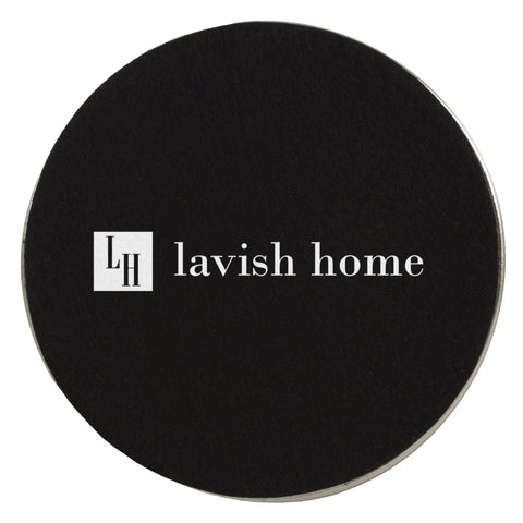 Circular black base with Lavish Home logo, part of Three Piece Sleek Modern Brushed Steel Lamp Set For Living Room