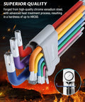 Close-up of rainbow hex key set with ball end and Torx, chrome vanadium steel, showcasing durability and quality.