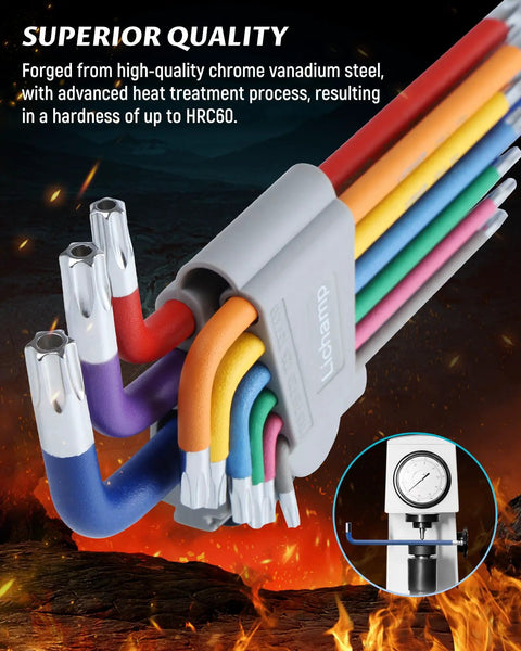 Close-up of rainbow hex key set with ball end and Torx, chrome vanadium steel, showcasing durability and quality.