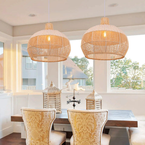 Dining room with two Rattan Chandelier 1 Light Boho Coastal Wicker Handwoven Pendant Lights, natural with white accent stripes, 15.74 inches wide and high, eco-friendly.