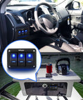 3 Gang Aluminum Panel Toggle Rocker Switch Kit with pre-wired harness installed in car and boat dashboard, blue lights on.