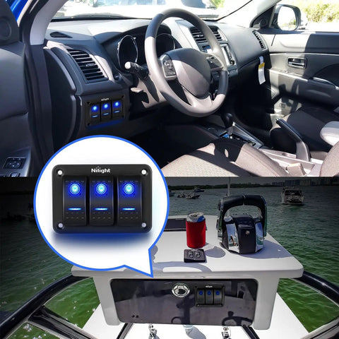 3 Gang Aluminum Panel Toggle Rocker Switch Kit with pre-wired harness installed in car and boat dashboard, blue lights on.
