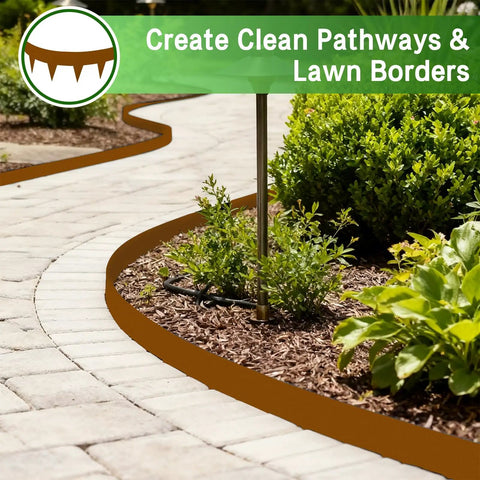 33 Feet Pre Rusted Corten Steel Landscape Edging No Dig Metal Garden Border 10 Pack Weathering Steel laying along a path