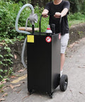 40 Gallon Portable Diesel Fuel Caddy With Manual Transfer Pump Easy Pour Four Wheel Tank in use on a paved pathway