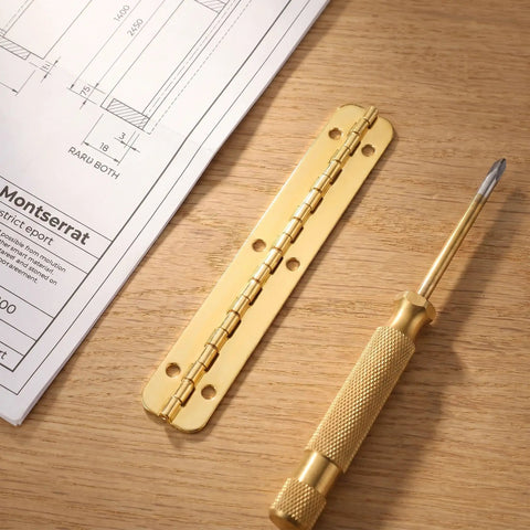 Pro Grade Heavy Duty 8 Pack Golden Iron Piano Hinges For Jewelry Boxes And Storage Cabinets with screwdriver on table