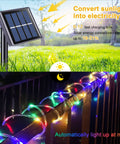Outdoor 200 LED Solar Rope Lights, 66ft IP65 Waterproof Trampoline and Garden Decor, multicolor lights on a fence at night