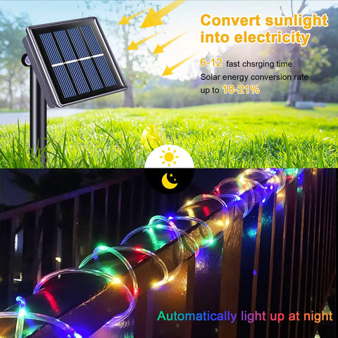 Outdoor 200 LED Solar Rope Lights, 66ft IP65 Waterproof Trampoline and Garden Decor, multicolor lights on a fence at night