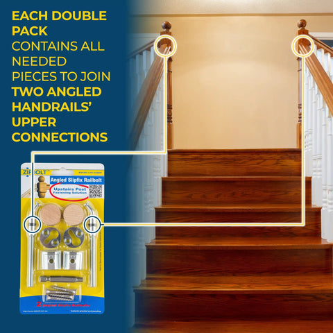 Angled Slipfix Railbolt Handrail To Newel Post Connector for stairs showing packaging content and its use in upper connections.