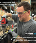 Premium Lightweight Frameless Safety Glasses with Killer Antifog Lens and Rock Solid Comfort for Marathon Shifts Bulk Box Includes 144 Pairs Green Gray Wraparound Shield Protection for Construction Crews worn by worker using a drill.