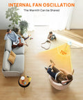 Indoor Space Heater 1500W That Cranks Out Heat Fast With PTC Ceramic Heating placed in a living room, illustrating 70 degree oscillation