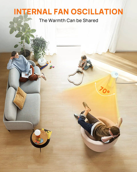 Indoor Space Heater 1500W That Cranks Out Heat Fast With PTC Ceramic Heating placed in a living room, illustrating 70 degree oscillation