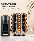 Boss Level Nespresso Vertuo Capsule Holder Rack For 70 Pods 40 On Outer Display And 30 In Carousel next to a Nespresso machine