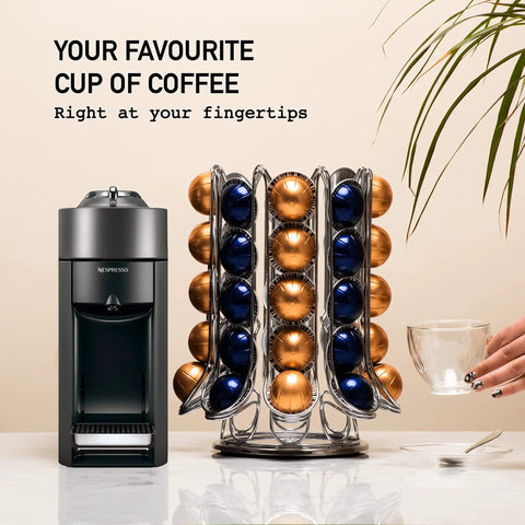 Boss Level Nespresso Vertuo Capsule Holder Rack For 70 Pods 40 On Outer Display And 30 In Carousel next to a Nespresso machine