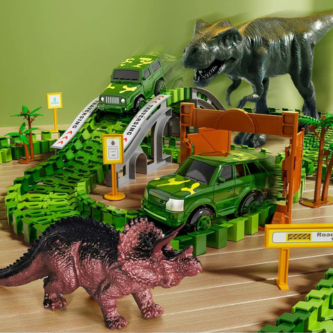 Epic Race Track Dino Adventure Kit with Flexible Tracks, 2 Electric Cars, 4 Dino Cars, and Props for Kids Aged 3 to 7