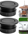 Two Pack 2 Inch Parasol Umbrella Hole Ring Plug And Cap Set For Outdoor Patio Tables with black ABS plugs on glass and wooden tables.