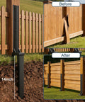 2 Pack Heavy Gauge Steel Fence Post Repair Kit With Ground Anchored Brackets, showing before and after fence stabilization.