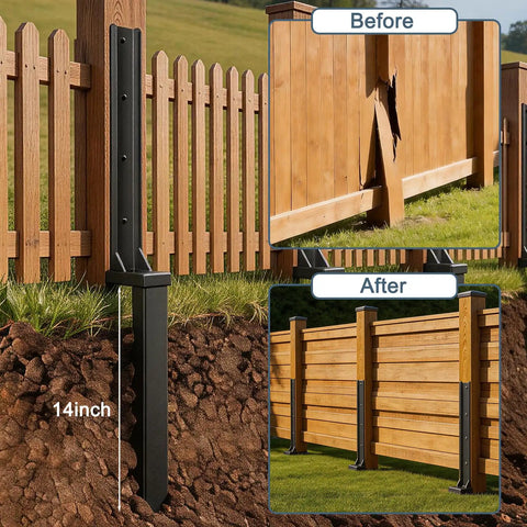 Heavy Duty H-Frame Fence Post Repair Kit showing 14 inch steel ground anchor stabilizing wooden fence panels.