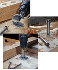 Heavy Duty Five Piece Wood Drill Bit Set Featuring Self Centering Tips Includes Durable Wooden Storage Case in action on wood.