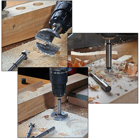 Heavy Duty Five Piece Wood Drill Bit Set Featuring Self Centering Tips Includes Durable Wooden Storage Case in action on wood.