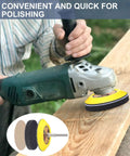 Man using power tool with All In One 261 Piece 3 Inch Sanding Discs Kit With Wet Dry Sandpaper Sheets on wood, close-up