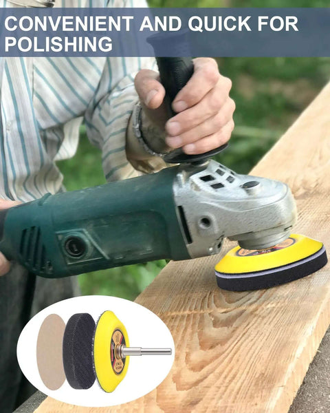 Man using power tool with All In One 261 Piece 3 Inch Sanding Discs Kit With Wet Dry Sandpaper Sheets on wood, close-up