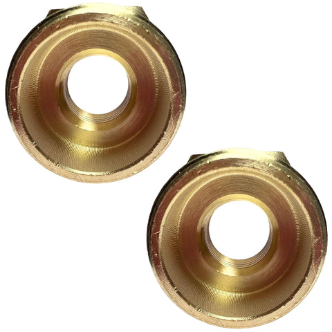Top-down view of two brass 3/4 in male x 1/4 in female NPT reducer bushings