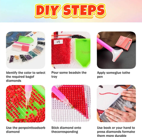 DIY steps for Extra Large Diamond Painting Kit For Adults 5D Full Drill With DMC Codes, showing tools and application method