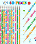 60 Pcs Science Themed Pencils With Erasers Set For Classrooms And Labs with colorful designs and grid background.