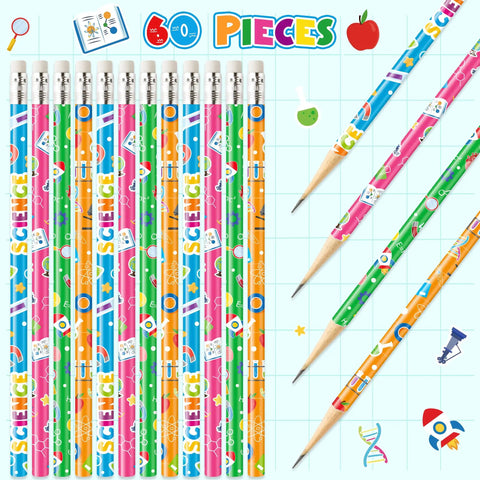 60 Pcs Science Themed Pencils With Erasers Set For Classrooms And Labs with colorful designs and grid background.