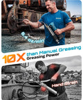 Man using Cordless Electric Grease Gun Kit With 10000 PSI Output Quick Release Coupler on machinery, showcasing heavy-duty use.