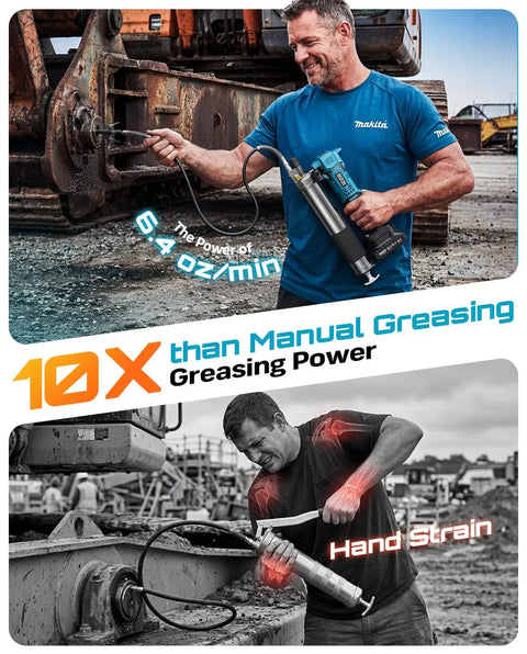 Man using Cordless Electric Grease Gun Kit With 10000 PSI Output Quick Release Coupler on machinery, showcasing heavy-duty use.