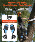 Arborist using Height Adjustable Tree Climbing Spikes with Straps And Cushioned Padding on tree, showing 42CrMo steel frame.