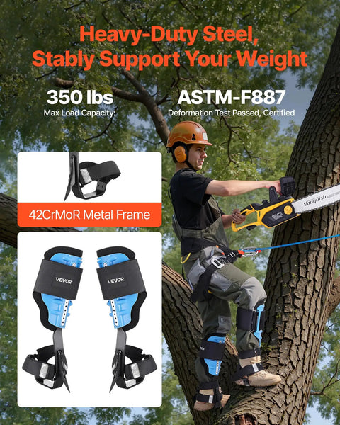 Arborist using Height Adjustable Tree Climbing Spikes with Straps And Cushioned Padding on tree, showing 42CrMo steel frame.