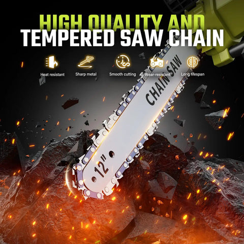 12 Inch Cordless Electric Chainsaw With Dual 20V 4Ah Li Ion Batteries, Two Chains, Tool Free Chain Tension, Auto Oiling