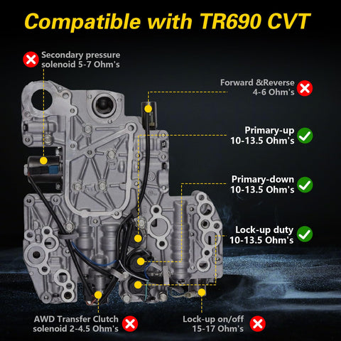 Torque Converter Lock Up Solenoid Replacement For Subaru CVT Vehicles Including Outback Impreza Legacy And Forester Easy Swap 12 To 13 Ohm TCC Solenoid TR580 TR690 Compatible With 31825AA050 31825AA051 And Codes P2762 P2763 P2764 showing TR690 CVT solenoid locations and ohm ranges
