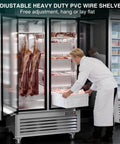 Straight Up Heavy Duty 72 Cu Ft Three Door Reach In Upright Commercial Freezer with adjustable shelves and meats being organized.