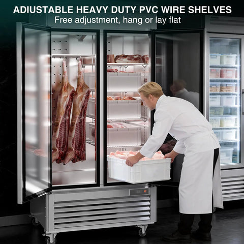 Straight Up Heavy Duty 72 Cu Ft Three Door Reach In Upright Commercial Freezer with adjustable shelves and meats being organized.