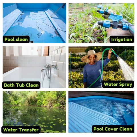 Collage of six images showing different uses for water pumps, including pool clean, irrigation, bath tub clean, and water spray.