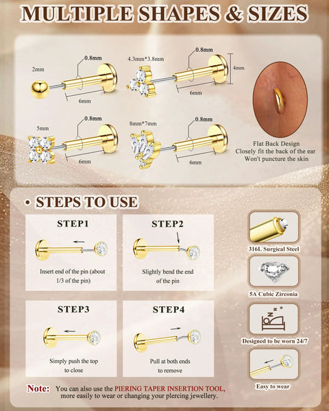 14K Gold Plated Threadless Flat Back Earrings Set For Women And Men, 20G 6mm Gauge, Includes Moon Leaf Flower And Ball Nose Studs And Straight Tapers, Silver And Gold Plating, Wear Solo Or Stackable Everyday Jewelry, size and use chart
