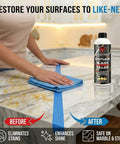 Sud Factory Spotless Glass Water Spot Killer next to marble counter with split clean and stained surface
