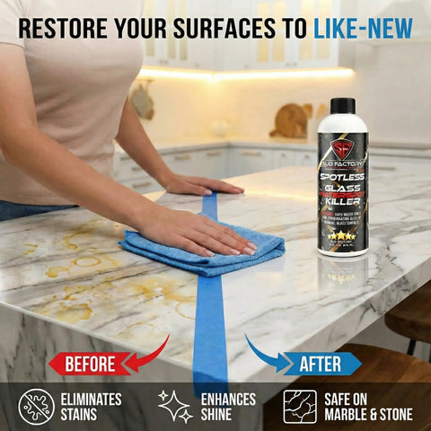 Sud Factory Spotless Glass Water Spot Killer next to marble counter with split clean and stained surface